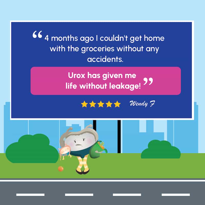 Customer testimonial for Urox® Bladder Control capsules by Seipel Group, featuring a 5-star review - Urox® has given me life without leakage.